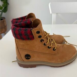 Timberland Tan Nubuck Boots with Red and Black Plaid Collar